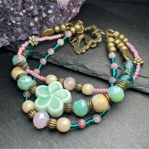 Pink Tourmaline Gemstone and Teal Floral Multi Strand Beaded Artisan Bracelet